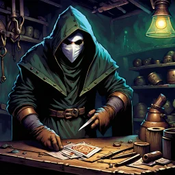 90's fantasy tcg art of a hooded man with a mask in a junk workshop