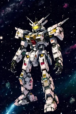 Gundam mech in space surrounded by stars