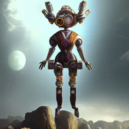 steampunk, female robot jumping for joy, full-body