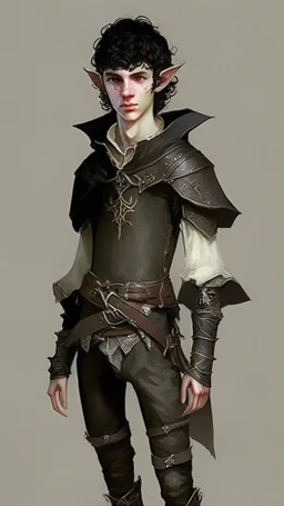 a teen elf. he has curly, black hair and sharp cheekbones. His eyes are black. He wears fantasy medieval clothes with boots. he is lean and tall, with pale skin. full body