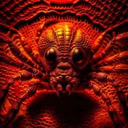 A national geographic award skin color patterned like a poisinous incect or reptile, horrorcore, science gone crazy, winning photograph of of a bat spider housefly hybrid in nature and on the hunt, 64k, reds, oranges, and yellows anatomically correct, 3d, organic surrealism, dystopian, photorealisitc, realtime, symmetrical, clean, 4 small compound eyes around two larger compound eyes, surrealism telephoto dynamic lighting 64 megapixels Unreal Engine volumetric lighting VRay