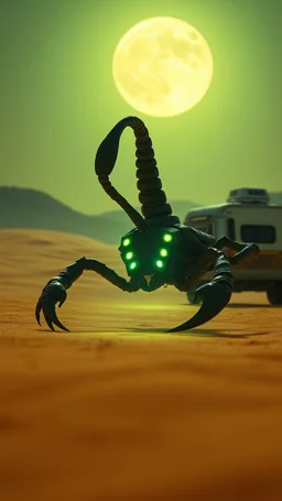 A zoom 3/2 view of Scorpion with a realistic background photo of a landscape covered in sands that looks futuristic with futuristic lighting , a caravan in the heat of the desert from the “Breaking Bad” episodes