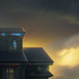 Close up, Roof top view, Enourmous Paladin projecting a hologram shield on a home, encroaching storm, ominous color palette, 2k resolution, high-quality, detailed matte, volumetric lighting, illustration, Dave Greco