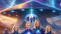 ufos rainbows,beautifuls paysages, fantastic colours,cosmic woman ,beautiful ufos rainbow, admiral from the future, galactic confédération, fine whole face, crystalline skin, expressive purple eyes,rainbow, smiling lips, very nice smile, costume pleiadian, Beautiful tall woman pleiadian Galactic commander, ship, perfect datailed golden galactic suit, high rank, long blond hair, hand whit five perfect detailed finger, amazing big puple eyes, mouth, high définition lips, cosmic happiness, bright