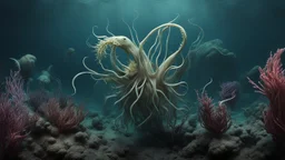 creatures, plants from subanautica from deep sea, leviathan's a lot of sea plants very deep, beautiful,