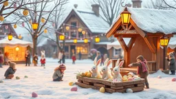 Festival Square – Subtle Excitement and Cheer"The Easter festival in the village square is alive with tiny, joyful movements. Children giggle as they crouch in the snow, their hands reaching for hidden pastel-colored eggs. A warm breeze causes ribbons tied to market stalls to flutter softly, their pastel hues catching the golden lantern light. A wooden stage creaks gently as a choir of bunny figurines sways in rhythm, singing a festive tune. A villager carefully places a fresh batch of steaming