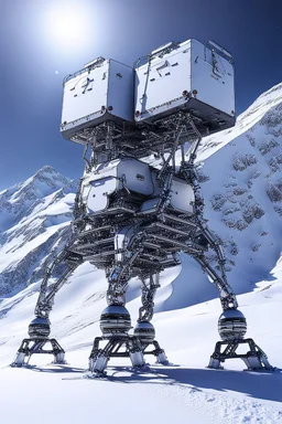 a sleek mechanical walker with eight legs scaling a very steep snow covered side of mout everest at night, it has a smooth surface, it has storage pods on its belly human can fit in the pods