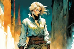 create an imaginative full body print illustration of an ethereal, otherworldly , pale medieval female thief with short flaxen hair wearing a ragged pelisse and boots , in the comic book art style of Bill Sienkiewicz, Mike Mignola, and Jean Giraud Moebius, with highly detailed feminine facial features , finely drawn, colored and inked,