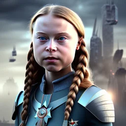  Greta Thunberg ultrarealistic, ruined city,__sci-fi armor__, __angles__, 18 year old woman, strikingly beautiful, ginger hair, _colour_, [__starlets__|__starlets__], (pale __skincolor__ skin:1.2), __camera__, _hair_, detailed face and eyes, medium breasts, leather choker, freckles, dynamic pose, resolved expression, __accessory__, strappy outfit, (straps:1.1), sword in scabard on left hip, (buckles, buttons, snaps, rings:1.0), haltertop style breastplate, detailed eyes, plump lips, sci-fi theme