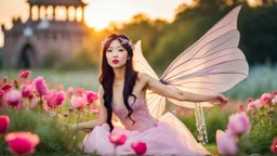 A gorgeous Asian model in a fairy outfit in a field of flowers at sunset a crystal castle at background