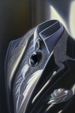 A silver brooch pinned to the collar of a black velvet suit, set with sparkling diamonds, in a luxurious bedroom in the sunlight Hyper realistic, oil on canvas award winning fantastic view ultra detailed acrylic art Ultra realistic Impressionism Surrealism simen johan, sharp focus intricate oil on canvas cinematic lighting photorealistic high detail ultra detailed crisp quality colourful