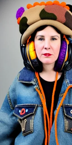 Brunette woman.thick thighs,thick calves,normal bodytype. big head. Mantle is sewed of upcycled Denim and sewed together of camouflage pieces. Pieces' color are orange, cream and purple. It is with big bright purple felt tippet and cream-colored-hood. mantle is merged with satchel, ochre. Big AKG-style headphones (gold rings!) is merged with small felt cap with small visor. Style: Haute Couture in 1920's, N.Y.C fashion in 2024, inspired by street art. Cream latex gaiter. Tennis shoes!