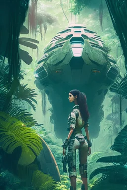 futuristic woman standing next to a large spaceship, in a jungle clearing