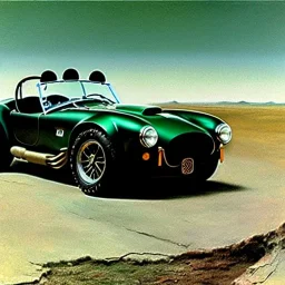 closeup of rusty shelby cobra, moss covered, desert, cracked dry lake bed, by Zdzislaw Beksinski, Norman Rockwell, highly detailed, soft lighting, 8k resolution, oil on canvas