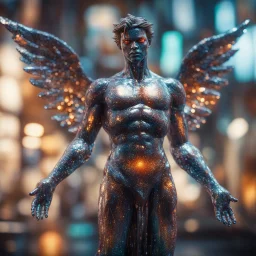 t-pose upper body of bad landlord angel nephilim made from tinted murano glass ,bokeh like f/0.8, tilt-shift lens 8k, high detail, smooth render, down-light, unreal engine,bokeh like f/0.8, tilt-shift lens 8k, high detail, smooth render, down-light, unreal engine