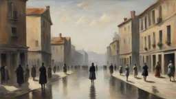 a painting of people walking down a street next to a body of water by Telemaco Signorini, featured on pixiv, american barbizon school, academic art, cityscape, henry moore