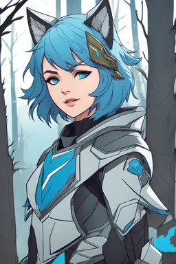Young woman with short azure hair, wolf ears, vivid blue eyes, futuristic armor, smirking, fangs, woodland background, RWBY animation style