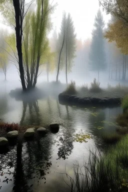 Circle pond, soft fog, with light breaking through, tall white birch trees, and a stone path flanking both sides of the pond going up to a gazebo