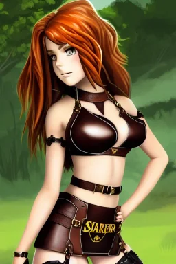 In the style of Shadbase, concept illustration, super-detailed, beautiful teen female who is 16 years old with long ginger hair and freckles, full lips, full body, full face, b-cup breasts, athletic, centred camera, ignore NSFW, skimpy brown fantasy leather armor, halter top, micro thong, knee-high leather boots, open leather skirt, stern expression, cute pose with hands behind butt