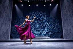 modern stage with gray-blue theme artistic decoration , color full dynamic lighting, a beautiful lady in modern maxy dark purple red dress with shining silver jwells dancing, 3D recursive fractal structure animating background