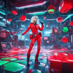 quirky, avant garde, highly detailed, weird but also humorous, large workplace sees very cute girl in neo-dada outfit fighting aliens in a 4D psionic competition. It is a funroom in colors of red, green and white stripes. giant ice cubes, lazers, and dripping blue goop and Roger Dean style furniture give this an ESCAPE ROOM mystery aesthetic