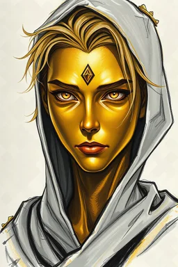 Man. Golden metallic skin with accents, Full golden glowing eyes without sclera, Golden medium hair, torn robe, teenage, small golden stone in forehead, hood, paint drawing