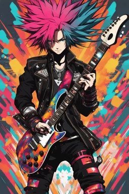 Full body PunkRocker,play guitar electric,with high details, style: Anime coloursfull glowing abstracts