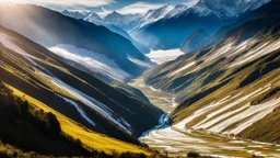 Majestic Himalayan landscape, terraced fields, steep slopes, distant enormous snow-capped mountains, river gorge, dramatic sunlight, chiaroscuro, beautiful composition