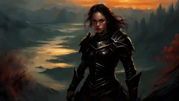 A formidable warrior girl in black armor, on the background Amazing gloomy landscape, flooded with sunset, mountains, trees, fabulous scary hero, , juicy emotions, painting, dark fantasy, gloomy day, dark world, portrait, by Alyssa Monks & Raymond Swanland & James Paick & Anna Razumovskaya