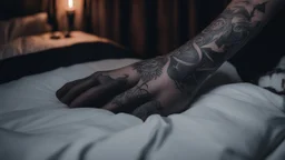 zoom on a feminine menacing hand with magic tattoos grabbing the sheet of a bed. [in the darkness of a bedroom, black magic and succubus demon] You barely open your eyes before a dark hand grabs your ankle.
