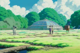 "An inspiring final shot of the revitalized biodome, where the once blighted trees now tower, flourishing and radiant. Yui, Toshi, and a group of Oxygen Farmers stand in the foreground, their faces filled with joy and relief as they look on at their reborn sanctuary.