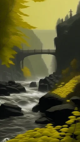 Cinematic slow motion: waterfall flowing in background, mist rising, river water rippling and reflecting, ivy leaves gently swaying on the yellow building, birds flying slowly in sky, subtle parallax camera push-in toward the bridge