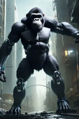 Cybernetic Robot Gorilla, post-apocalyptic in a cyberpunk city, realistic, intriacte detail, sci-fi fantasy style, volumetric lighting, particales,highly detailed,cinamatic, deep