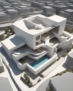 Casa geométrica en proporción aurea, estilo Zaha Hadid, calidad ultra, hiper realista, hiperdetallada, 3D 8K, vista aérea