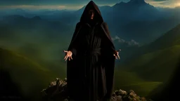 The hooded sorcerer on the mountain top