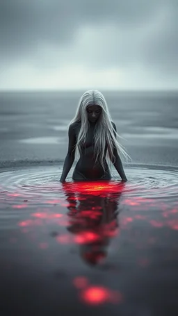 A hyper realistic photo of: Some forgotten realms strong dark skinned draw a beautiful girl with long white hair wades into a strongly dark grey colour emitting magically radiating and bubbling color pool in an endless windswept level landscape of only sand and grit. photorealistic, bokeh, masterpiece, smooth shading, ultra detailed, high resolution, cinematic, unreal 6, subtle shadows, octane render, 8k, cinema 4d, HDR, dust effect, vivid colors, thin line draw