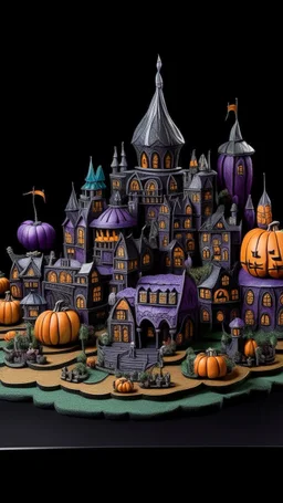 A blackish violet Halloween themed town with pumpkins designed in Navajo woven art painted by Leonardo da Vinci