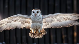 angel's view back to the camera a barn owl flying over a small winter village, snowy landscape, little light, sunrise, some small Hungarian old country houses from above, perspective, high detailed, sharp focuses, photorealistic, cinematic