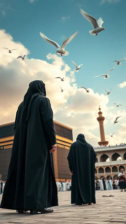 Hyper Realistic Long-Shot Back View Of Hazrat Imam Ali (Fully Covered In Black Islamic Attire With Dark-Green Abaya) Standing Alone Outside Kaaba At Beautiful Cloudy Day With White Pigeons Flying Showing Dramatic And Cinematic Ambiance.