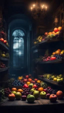 Si-Fi, The permanent under atmospheric lighting effects, a whole tables and shelves filled with all kind of fruits . intricate historical moody atmosphere, eerie grimdark ambiance, complex motherboard accents, speculative fiction art. Bokeh