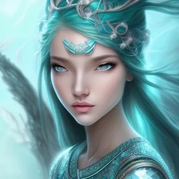 Air witch, majestic beauty, Asian woman, silver colored eyes, aqua hair in a long ponytail, wearing an aqua witch hat, wearing an aqua crystal necklace