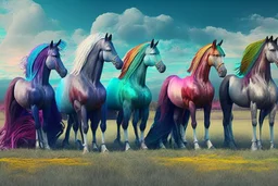 fantasy horses of different colors standing on a field