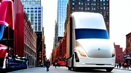 A Tesla semi-truck is racing at top speed, on the South Street Seaport, in New York. CINEMATIC. WIDE ANGLE LENS. PHOTO REAL.