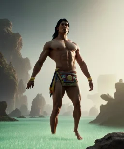 native american warrior, long black hair, standing on top of shattered glass, big muscles, loincloth, shirtless, 8k resolution concept art portrait by Greg Rutkowski