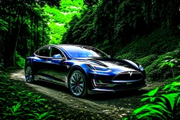 A Tesla's 'Model S Plaid' is parked, amid the 'Jurassic Park' jungle. CINEMATIC. WIDE ANGLE LENS. PHOTO REAL.