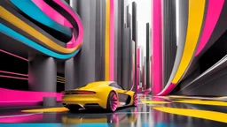 (hustle and bustle:55), (loop kick:10), (deconstruct:28), retro futurism style, urban canyon, cars of future oncoming, smooth curves, swirl dynamics, great verticals, great parallels, amazing reflections, excellent translucency, hard edge, colors of metallic grey and warm yellow and lollipop pink