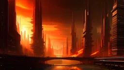 idyllic futuristic city scape on fire