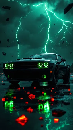 A black Dodge Challenger muscle car with glowing green headlights, parked on a wet, reflective ground under a stormy, dark sky. Green lightning strikes illuminate the background with dramatic contrast. The environment is cinematic and intense, with floating debris and glowing red shards scattered around, giving a high-energy, apocalyptic feel. Stylized lighting and deep shadows enhance the car's aggressive design. Ultra-realistic 4K rendering, moody atmosphere, dark red and black color palette.