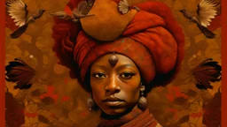 Retrato pictórico de mujer afrodescendiente con turbante tradicional, piel con poros convertidos en ojos diminutos, integrado con corteza con hormigas caminando, lleva tocado de papel origami de grullas, estilo arte de tarjeta de tarot dorado y ornamentado, técnica impresión en risografía con desregistro de color, paleta colores de bosque otoñal naranja, rojo, marrón y amarillo, iluminación luz fría de luna azul plateada mística, fondo de fondo de pared de ladrillo con hiedra, mirada de chamana