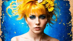 old worn paper, blue background, portrait punk woman, golden hair, flowers made of gold, golden fragments, silver particles, swirls, glare, glow from within, 8K, fine rendering, high detail, hyperrealism, high resolution, multi-layered, hyperdetail, hyperfocus,